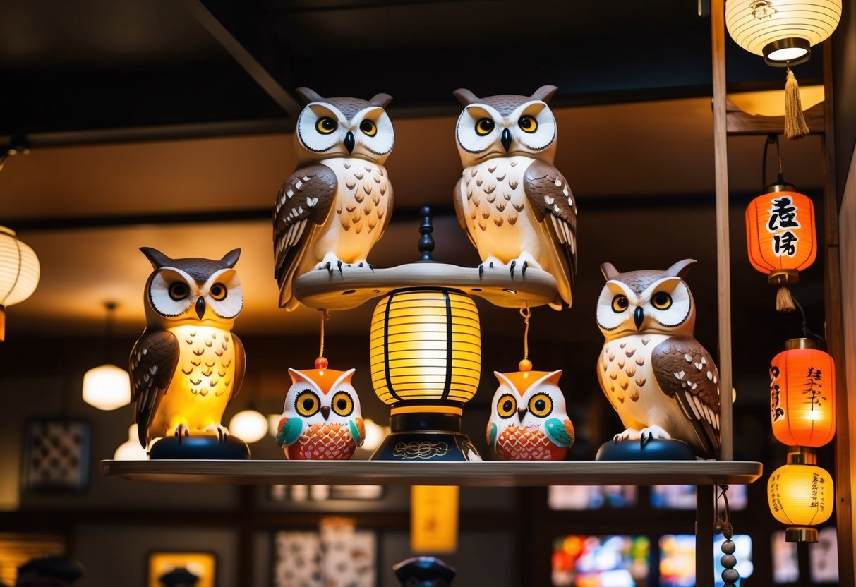 A cozy owl cafe with Akiba-themed decor, featuring owls perched on Japanese lanterns and Akiba-inspired trinkets