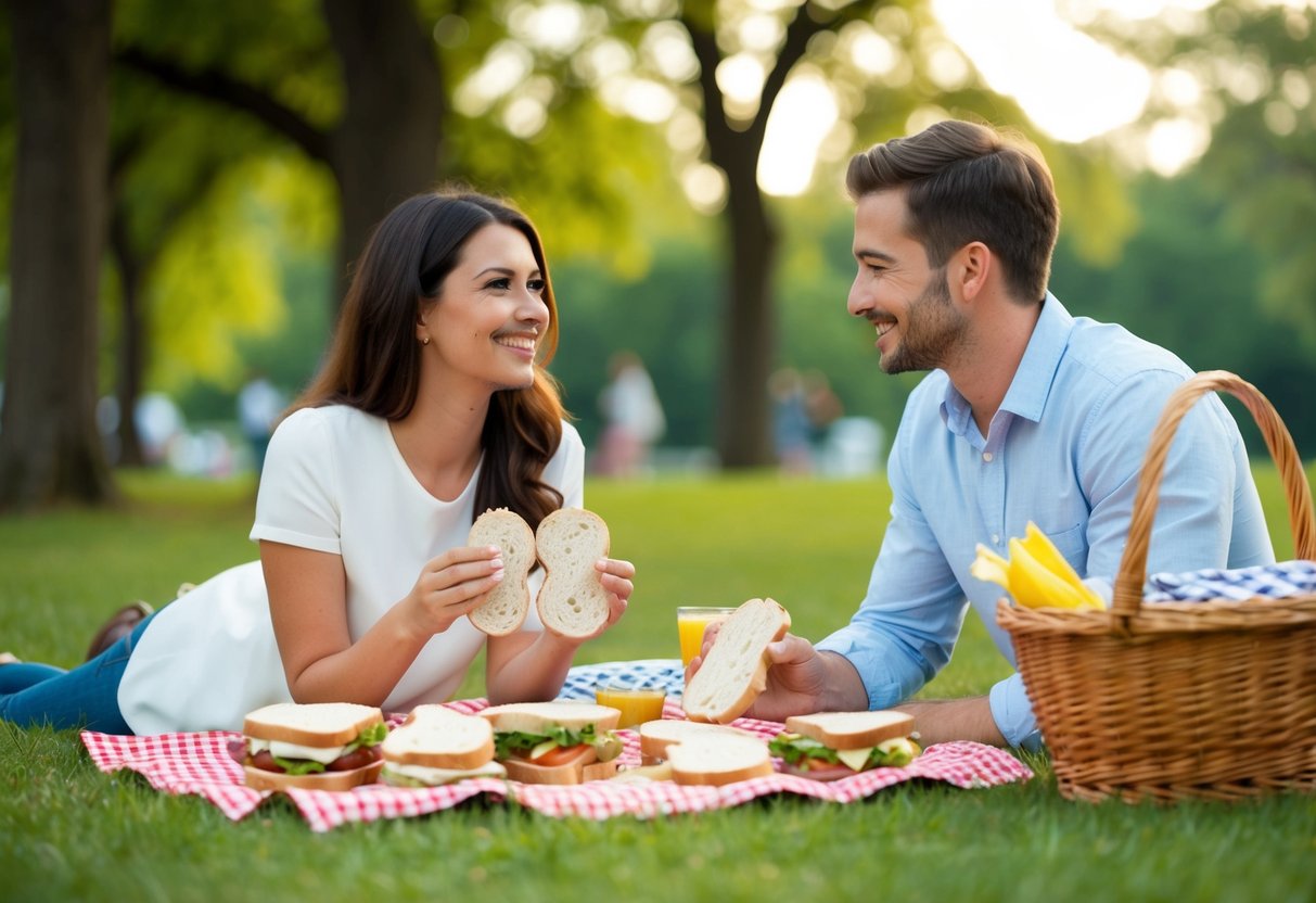 A: A couple picnicking in a park with alphabet-shaped sandwiches and a basket of assorted date activities