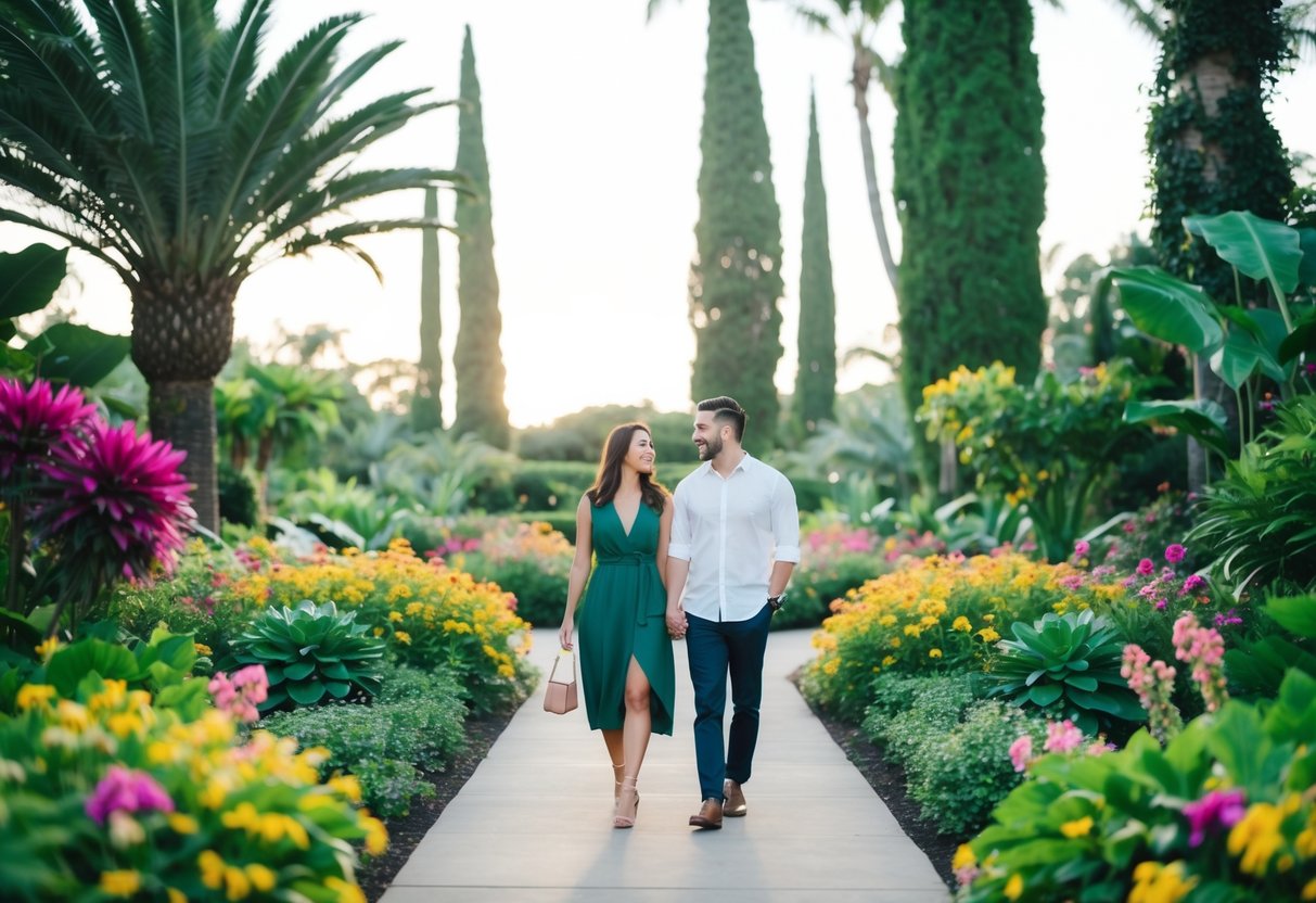 A couple strolling through a lush botanical garden, surrounded by vibrant flowers and towering trees, enjoying a romantic date