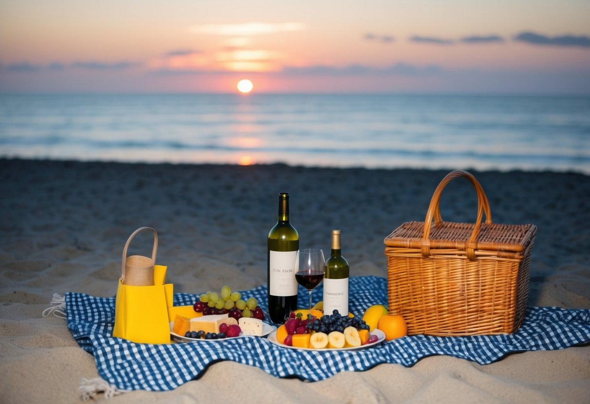 A cozy beach picnic at dusk, with a checkered blanket, a wicker basket, and a spread of fruits, cheese, and wine. The sun sets over the tranquil ocean
