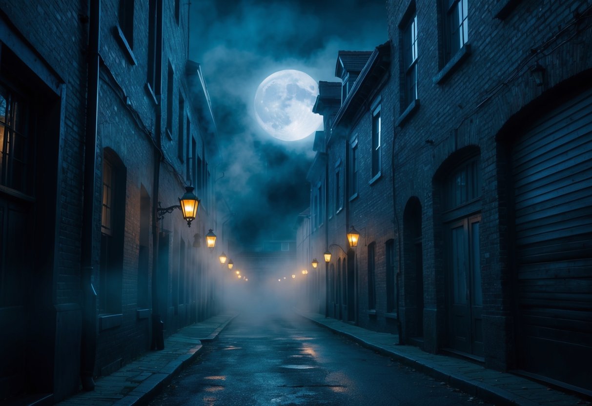 A spooky, moonlit alley with old buildings and flickering lanterns. Eerie shadows and mist add to the ghostly atmosphere