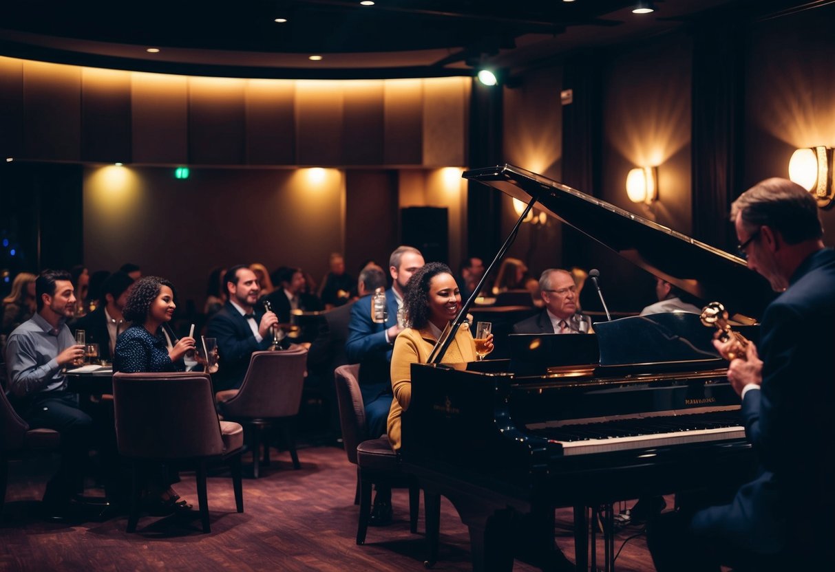 A dimly lit jazz club with a stage, piano, and cozy seating. Audience members enjoy the music while sipping drinks