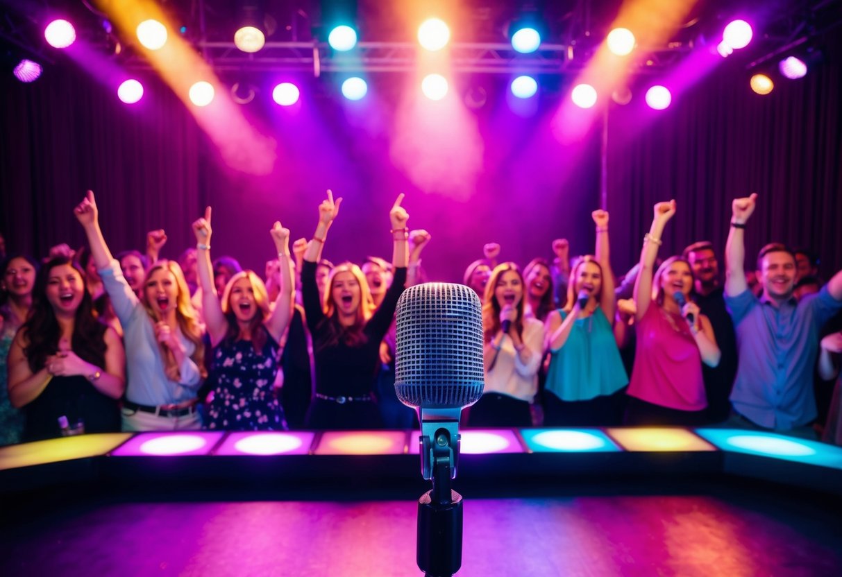 A stage with colorful lights, a microphone, and a crowd of people cheering and singing along at a lively karaoke night out