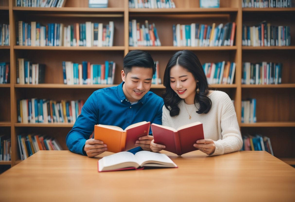 A cozy library scene with two people reading alphabet books on a date