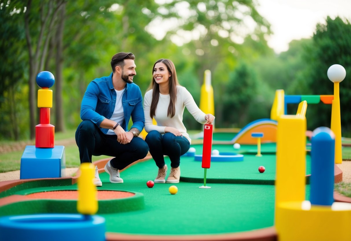 A colorful mini golf course with various obstacles and a couple enjoying a fun and competitive date