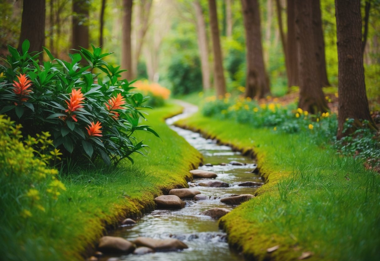 A serene forest path with vibrant flora and a winding stream