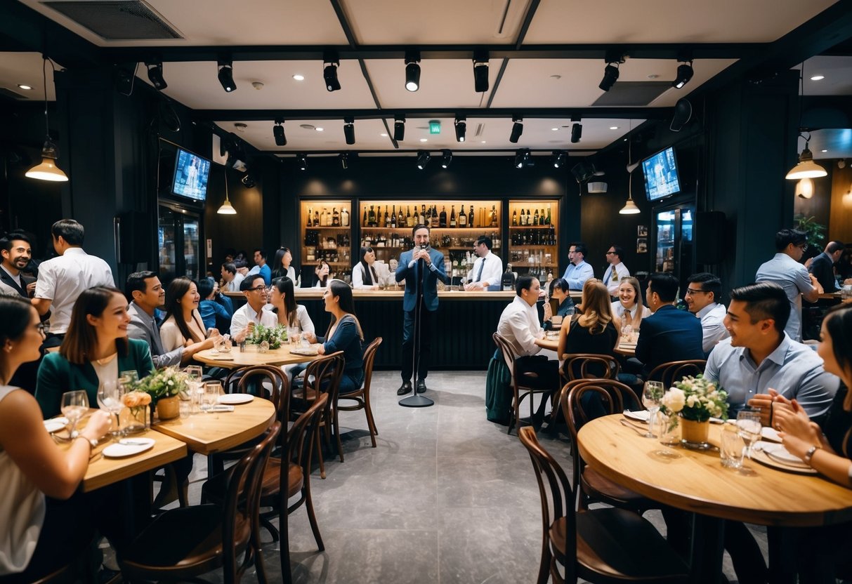 A bustling cafe with a stage, microphone, and audience. Tables filled with couples and friends chatting and enjoying the live music