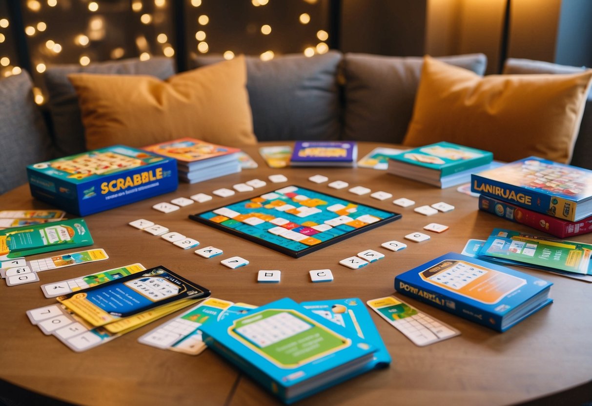 A table set with alphabet-themed games and activities, such as Scrabble, flashcards, and language books, surrounded by cozy seating and warm lighting