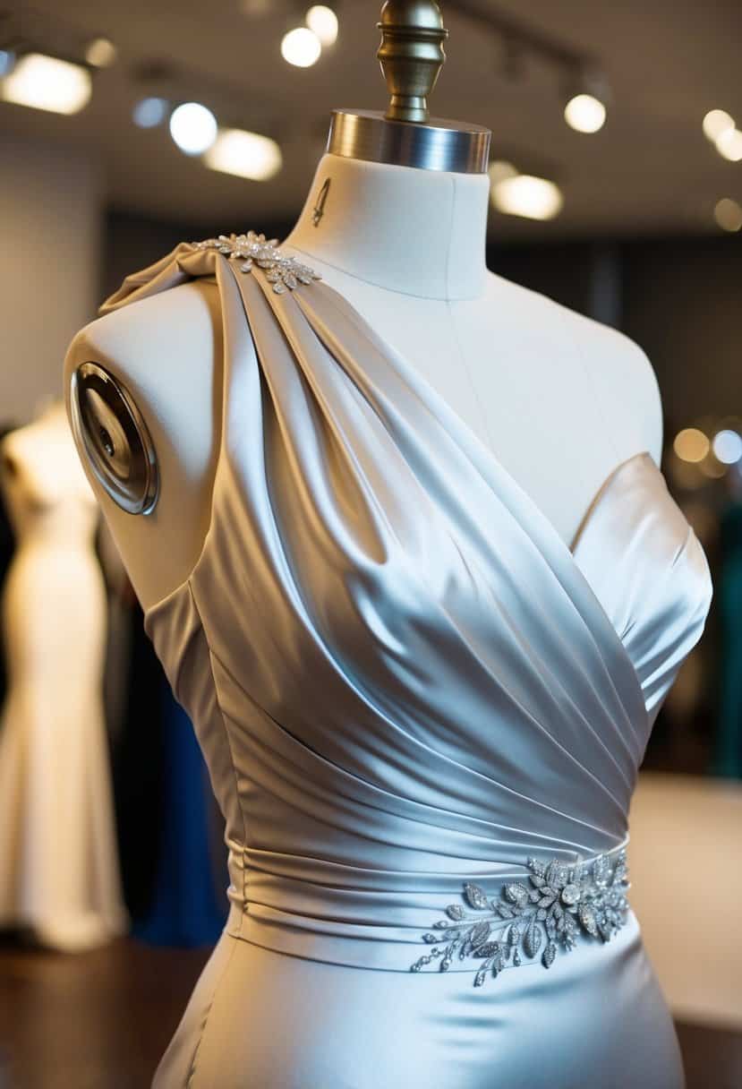 A glamorous satin gown drapes elegantly over a mannequin's one shoulder, with a flowing silhouette and delicate embellishments