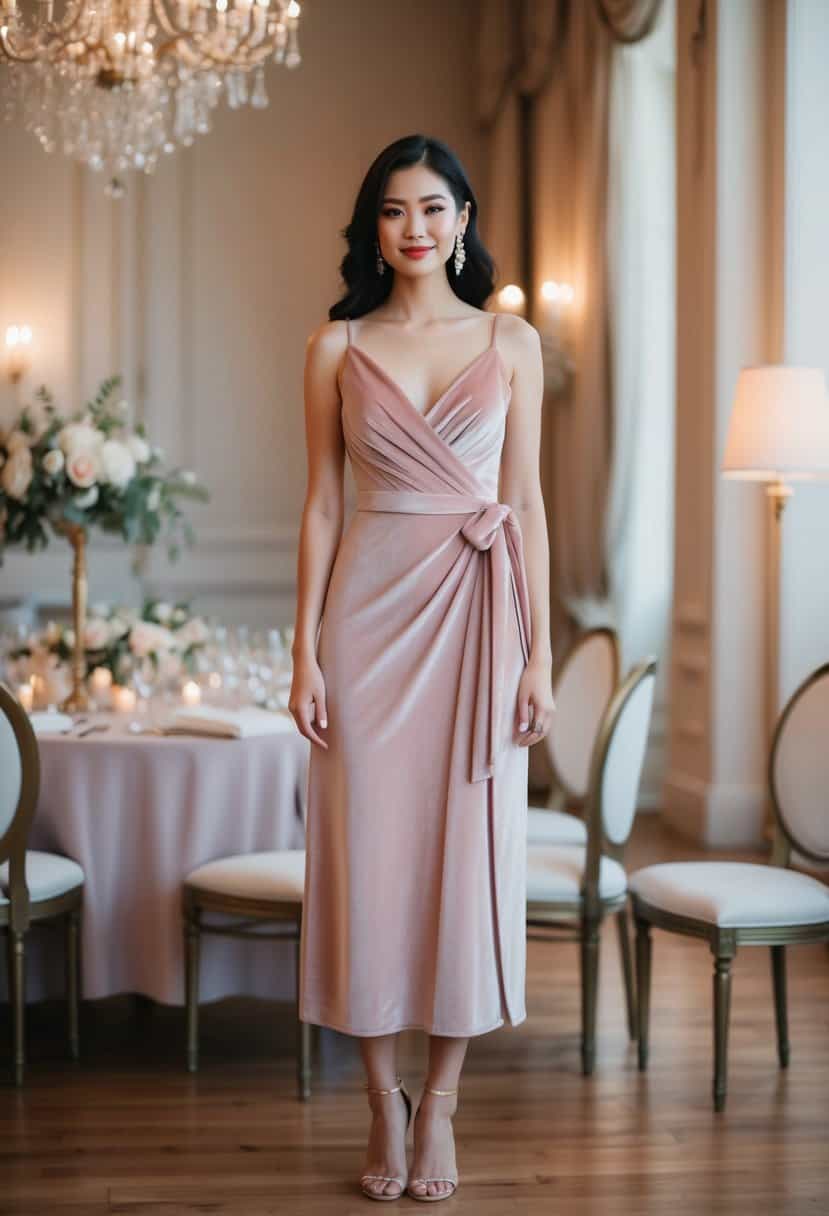 A luxurious velvet wrap midi dress in a romantic wedding setting with elegant decor and soft lighting