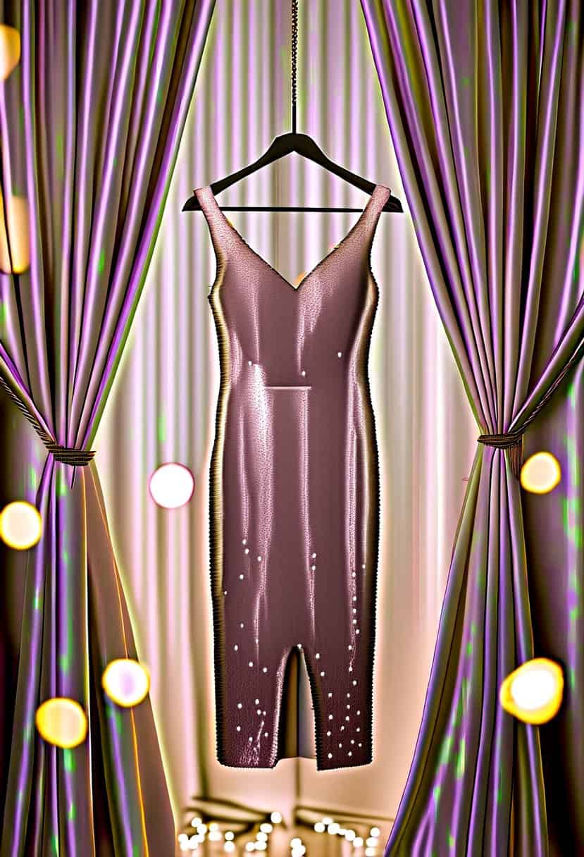 A sparkling sequined cocktail dress hangs on a hanger, surrounded by soft lighting and luxurious fabric drapes