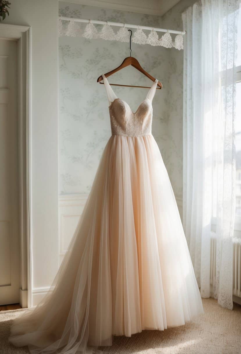 A flowing tulle A-line gown hanging on a vintage wooden hanger in a soft, sunlit room with lace curtains and delicate floral wallpaper