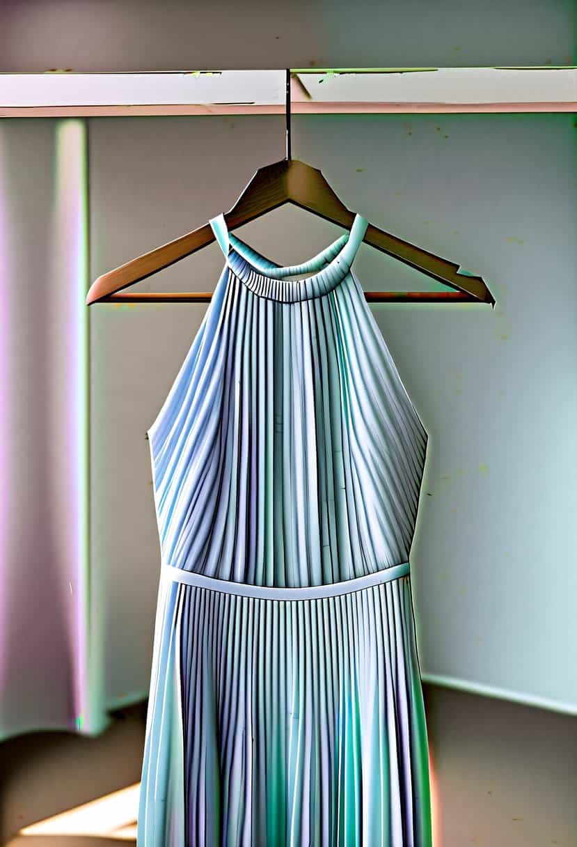 A pleated halter dress hanging on a rustic wooden hanger in a sunlit room with soft, pastel-colored walls