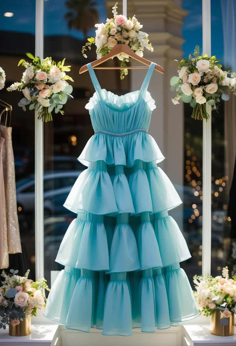 A tiered ruffle dress hangs on a hanger, surrounded by elegant accessories and floral arrangements, in a sunlit boutique window