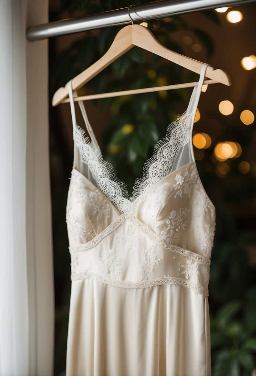 A silk slip dress hangs on a hanger, draped with delicate lace and shimmering in soft light