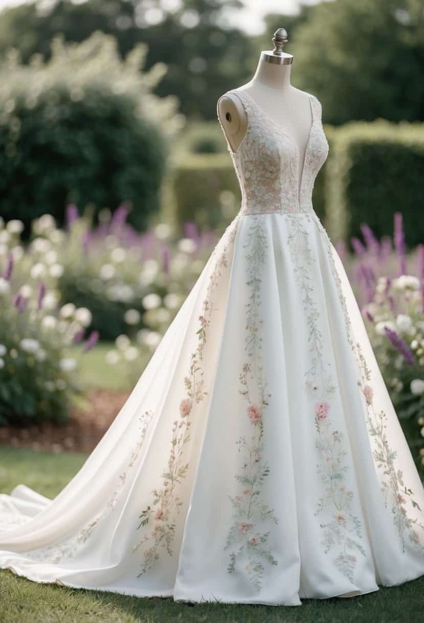A delicate, floral-patterned fit-and-flare wedding guest dress, adorned with intricate embroidery and flowing fabric, set against a romantic outdoor garden backdrop