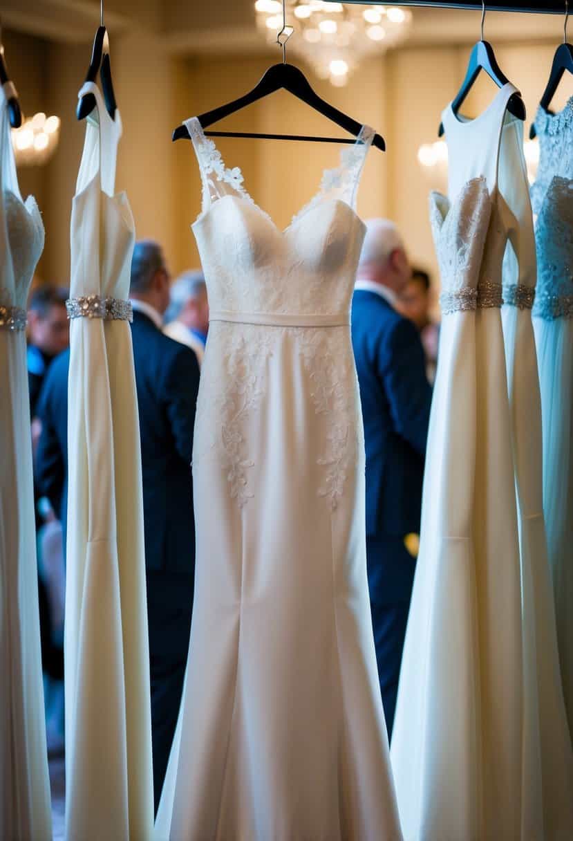 A sleek sheath dress with delicate lace details hangs on a hanger, surrounded by other elegant wedding guest attire