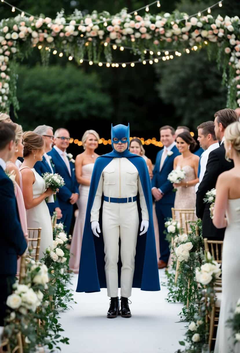 A figure in a caped jumpsuit stands amidst a crowd of elegantly dressed wedding guests, with a backdrop of floral decorations and twinkling lights