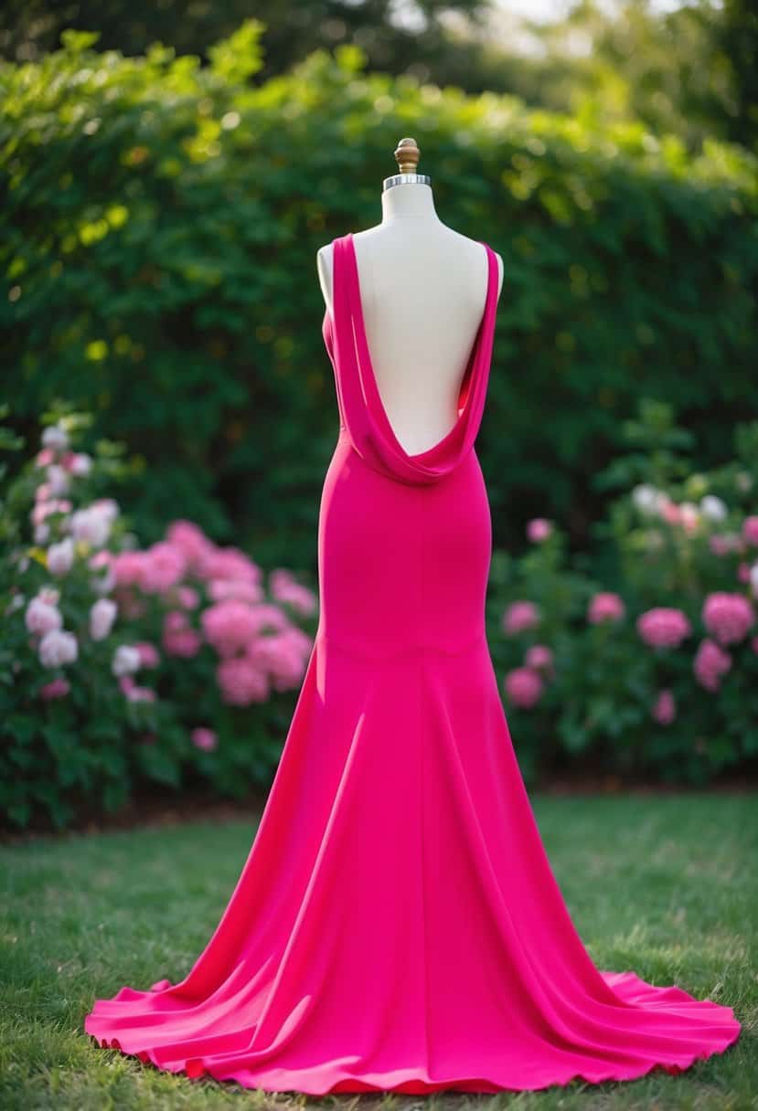 A flowing crepe gown in a vibrant color, with a low back and elegant draping, set against a backdrop of lush greenery and blooming flowers