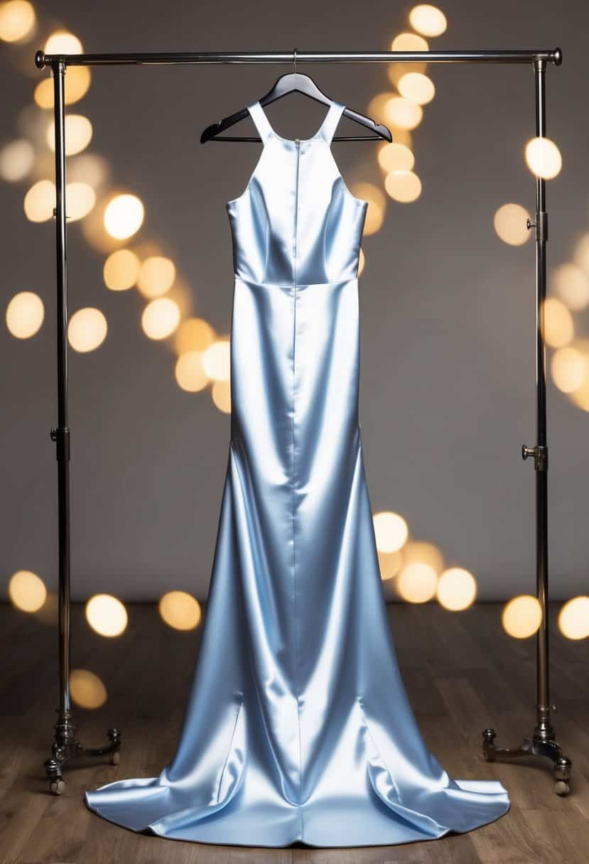 A sleek satin dress hangs on a hanger, its hem grazing the floor in a luxurious cascade of fabric. The neckline is high, the back low, and the material shimmers in the light