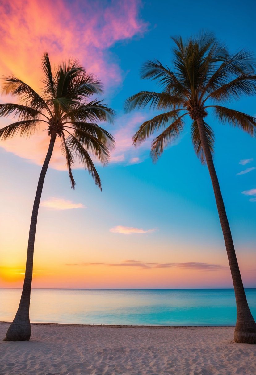 A tranquil beach with palm trees, clear blue water, and a colorful sunset sky