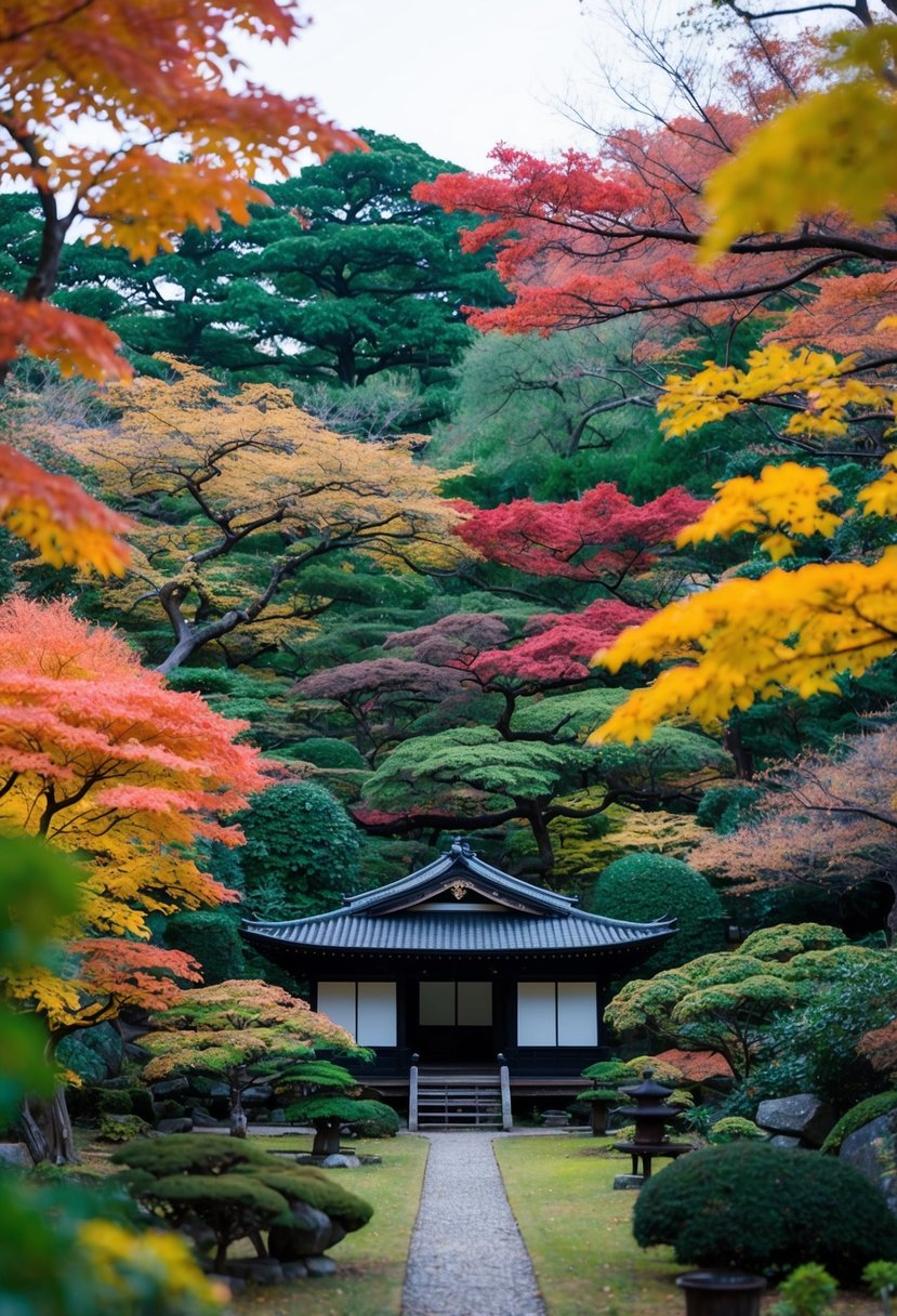 A serene garden with colorful autumn foliage and a traditional Japanese tea house nestled among the trees in Kyoto, Japan