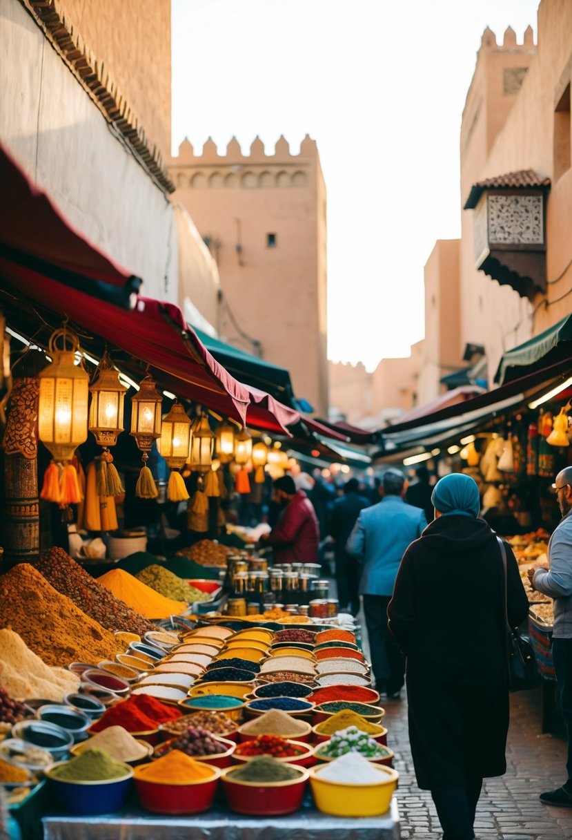 A bustling Marrakech market with colorful textiles, spices, and lanterns under a warm November sun