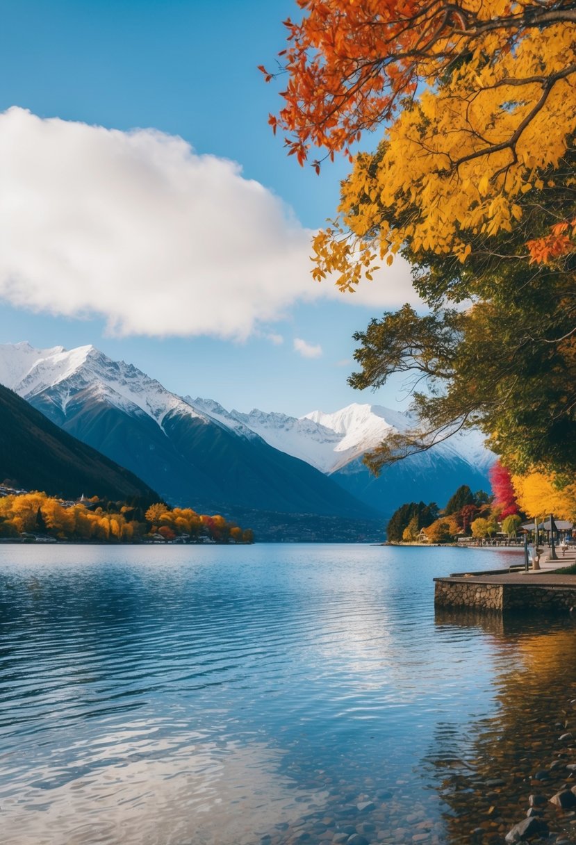 A serene lakeside view with snow-capped mountains in the background, surrounded by colorful autumn foliage in Queenstown, New Zealand