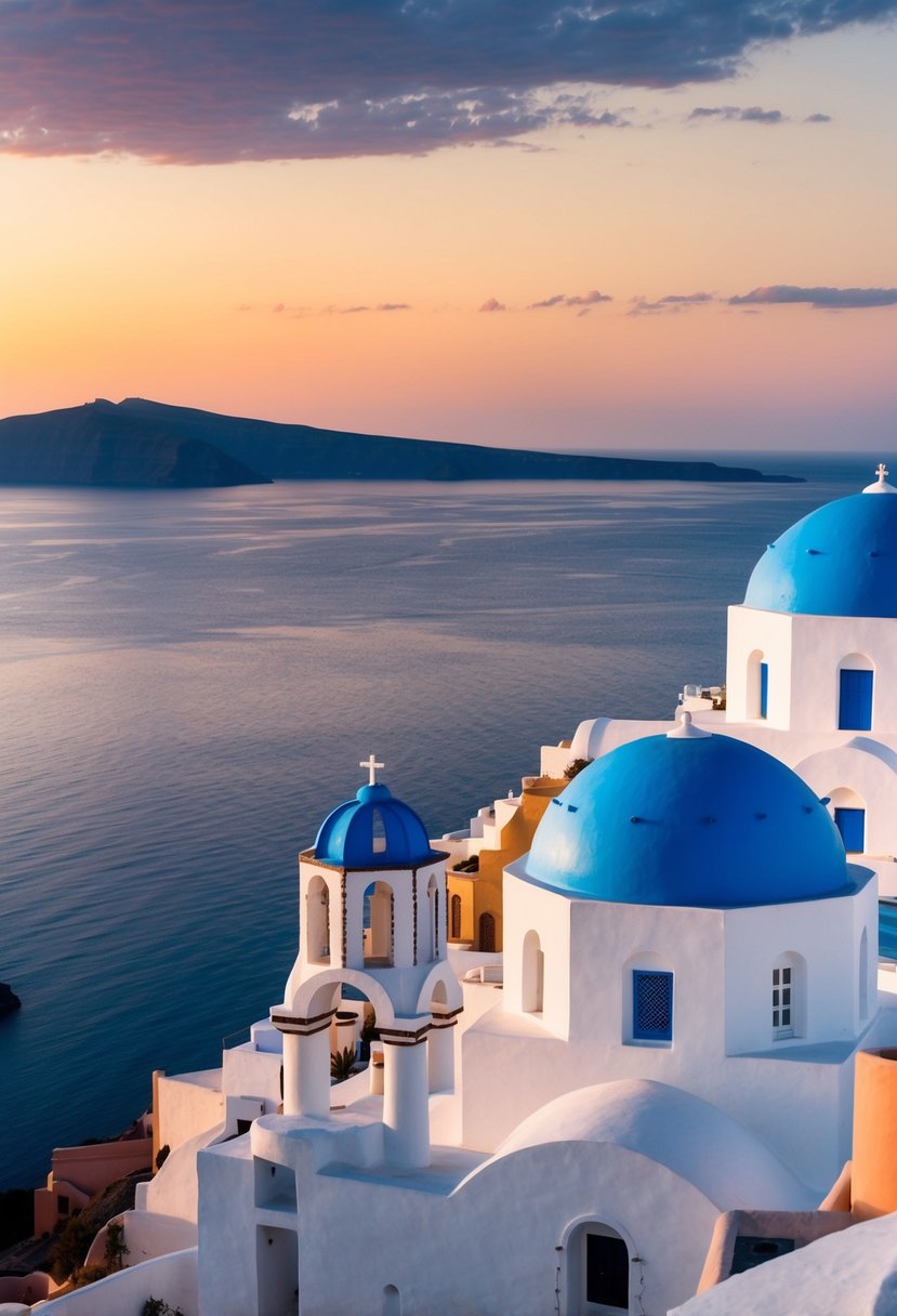 A sunset over the iconic white buildings and blue domes of Santorini, with the calm, crystal-clear waters of the Aegean Sea in the background