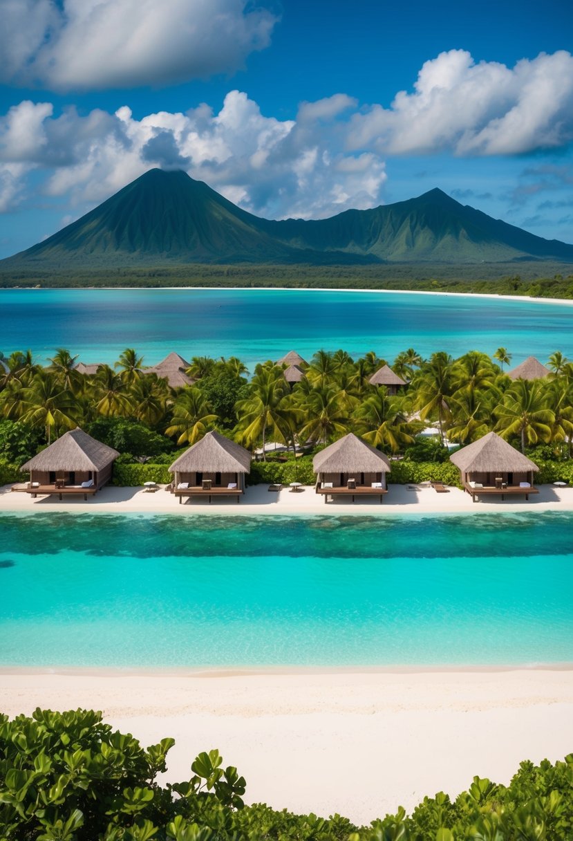 A serene beach with overwater bungalows surrounded by crystal clear turquoise waters and lush greenery, set against a backdrop of towering volcanic peaks