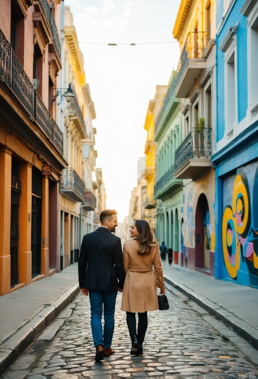 A couple strolls along the cobblestone streets of Buenos Aires, surrounded by colorful buildings and vibrant street art. The warm November sun casts a golden glow over the city