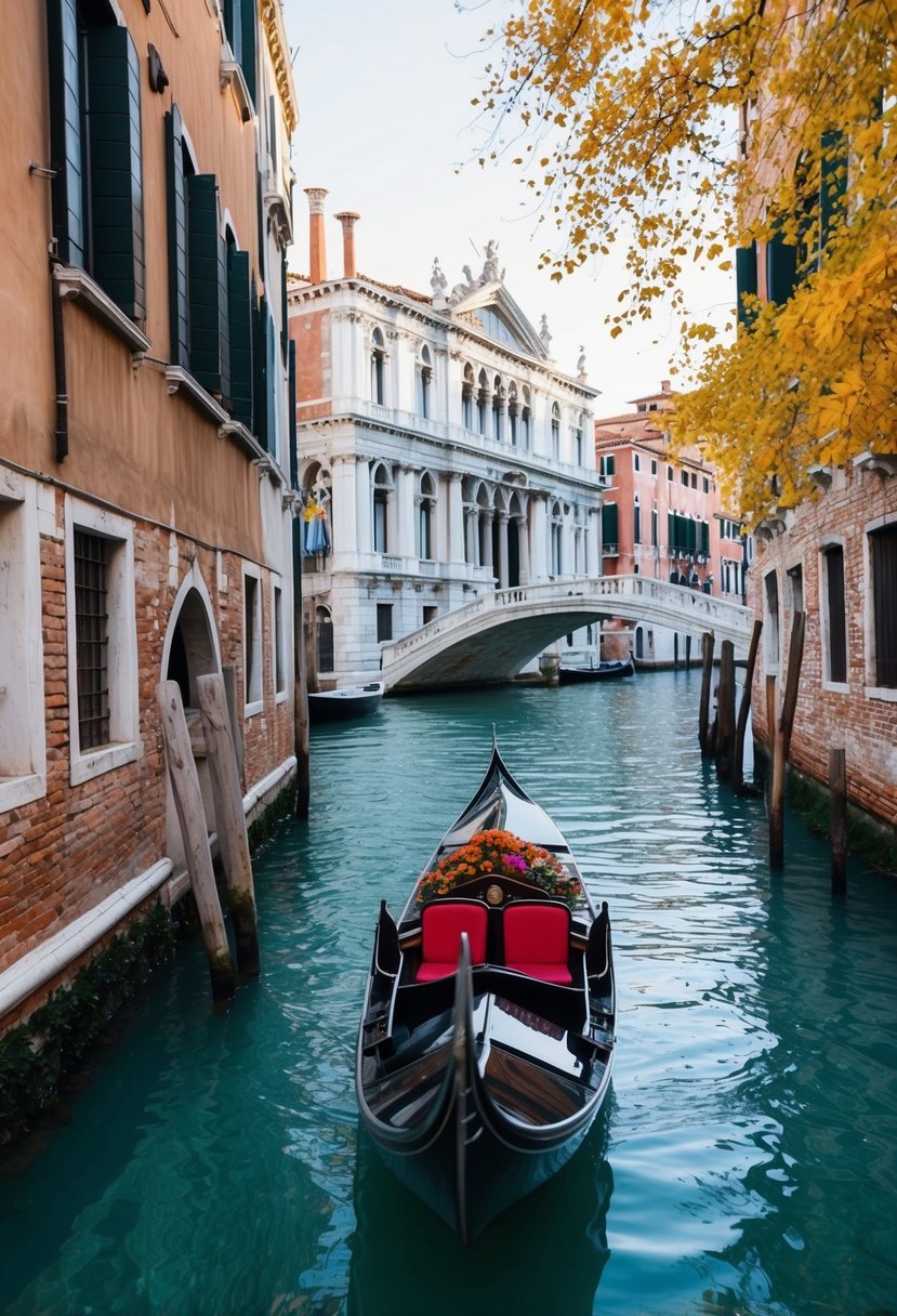 A gondola glides through the narrow canals of Venice, passing by historic buildings and colorful autumn foliage