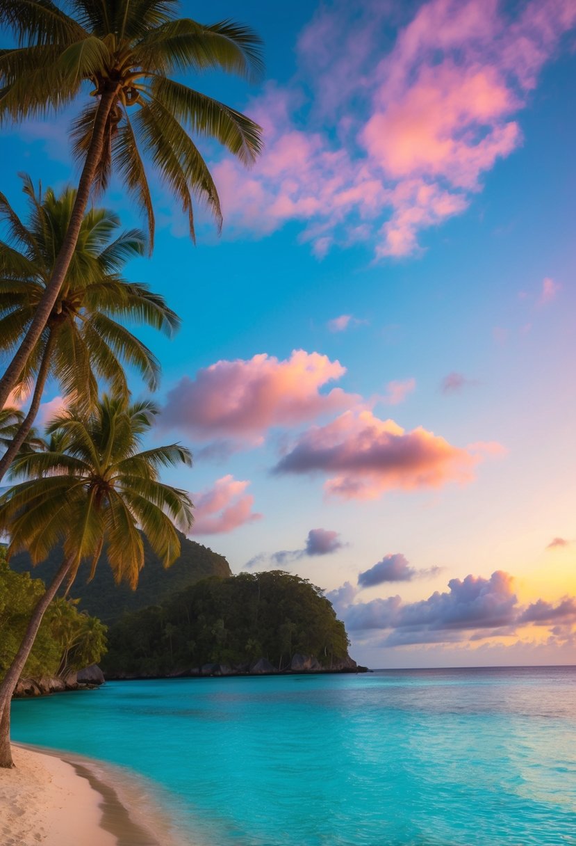 A tranquil beach with turquoise waters and palm trees, set against a vibrant sunset sky in the Seychelles in November