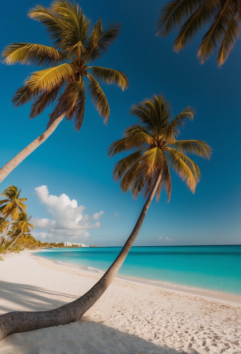 A serene beach at Tulum, Mexico in November, with palm trees, turquoise waters, and a clear blue sky