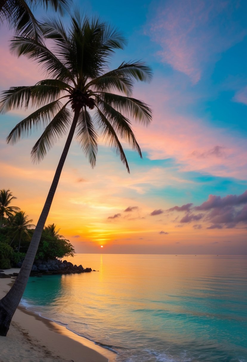 A tranquil beach at sunset, with palm trees and a colorful sky, overlooking the crystal-clear waters of Bali, Indonesia