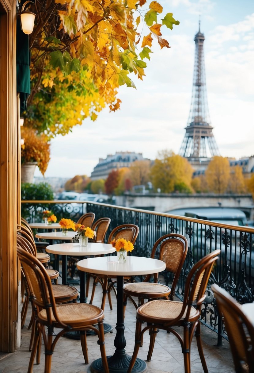 A cozy cafe in Paris with colorful fall foliage and a view of the Eiffel Tower in the distance