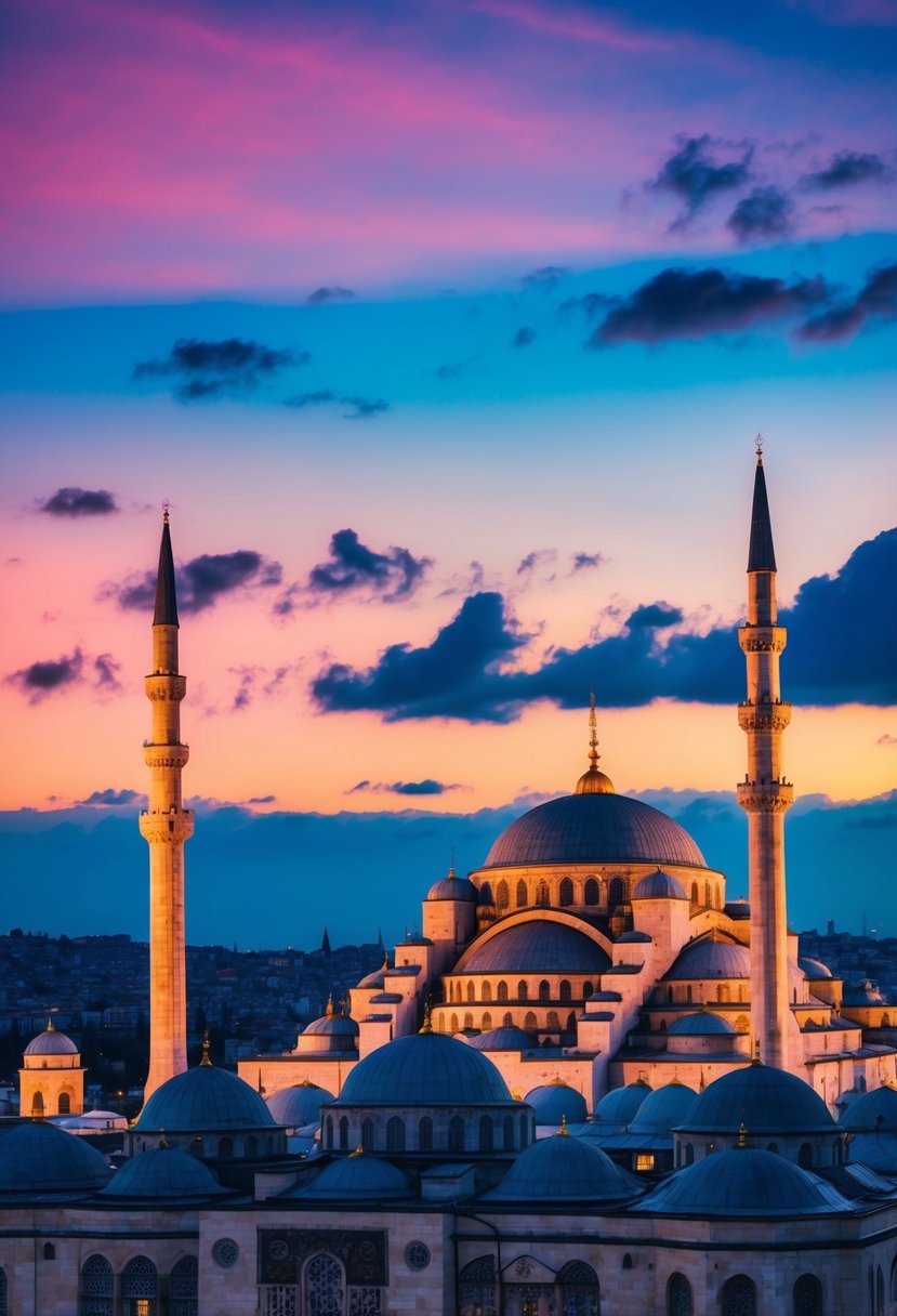 A panoramic view of Istanbul's skyline at sunset, with the iconic minarets and domes of the city's historic mosques silhouetted against the colorful sky
