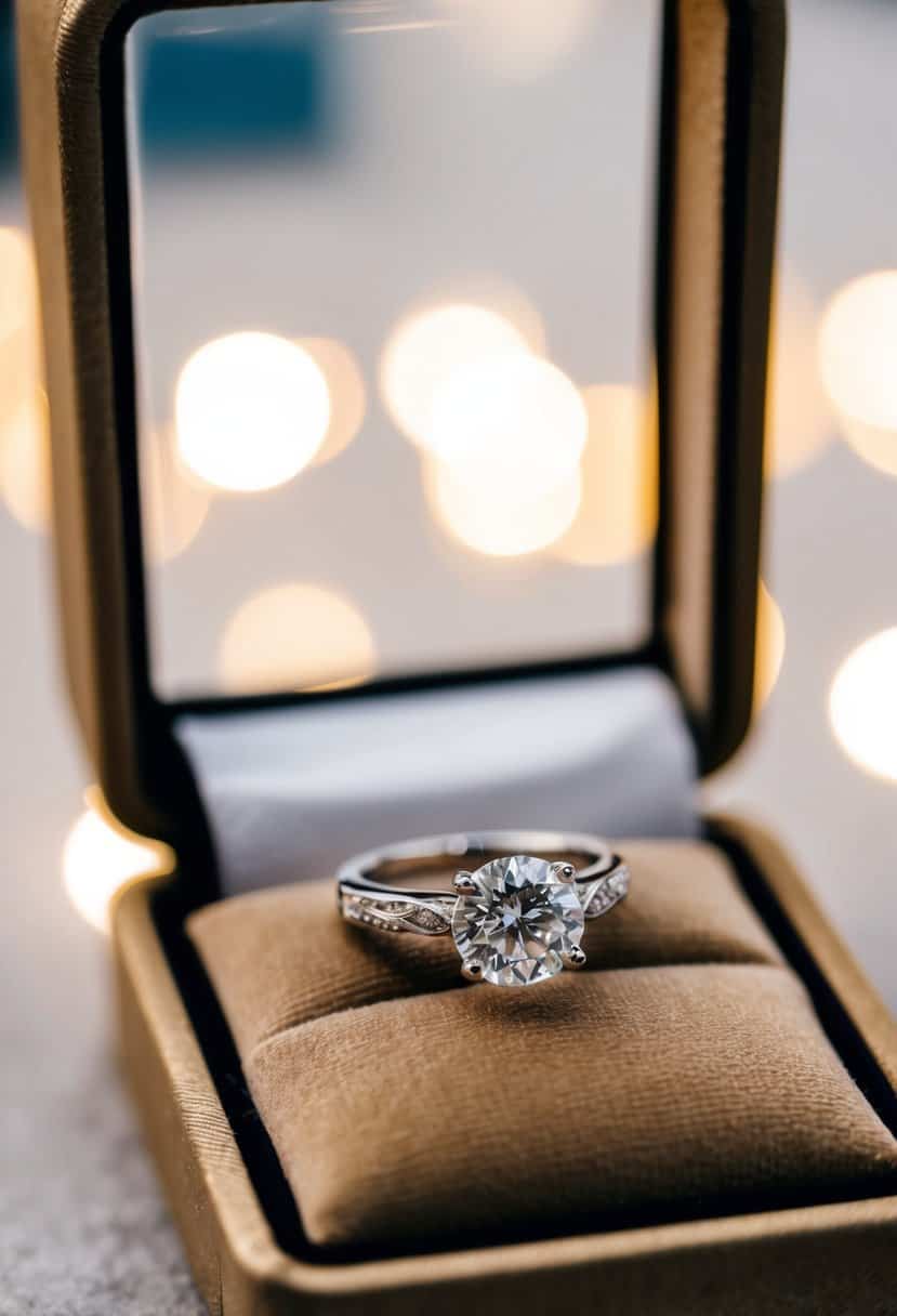 A diamond engagement ring with a custom engraved band sits on a velvet cushion in a jewelry display case