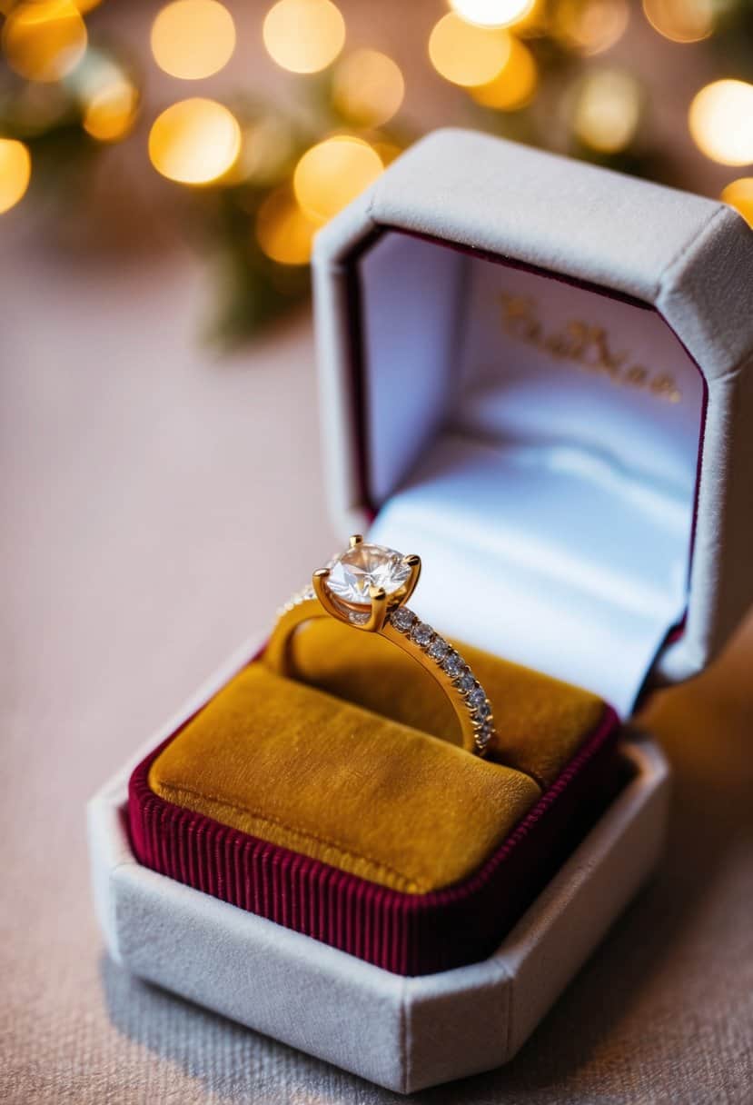 A sparkling yellow gold engagement ring displayed on a velvet cushion under soft, warm lighting