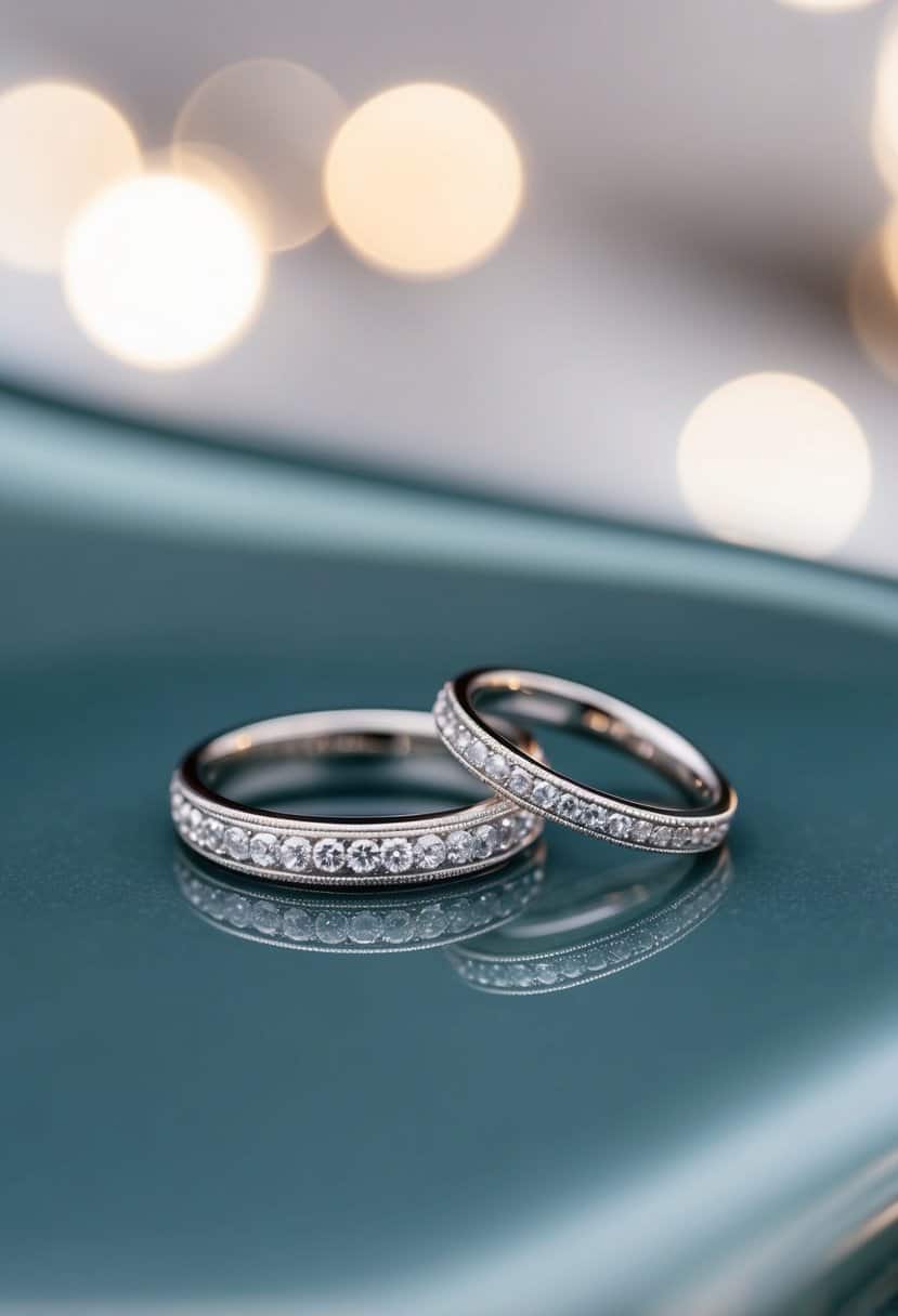 A close-up of two delicate engagement rings with intricate milgrain details, resting on a smooth, reflective surface