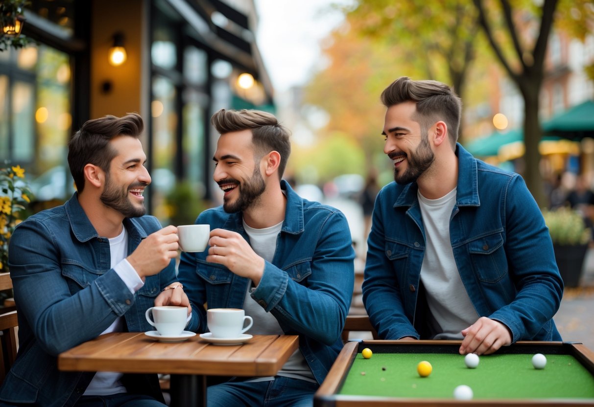 Two men enjoying a coffee together outdoors and playing mini-golf in a park.