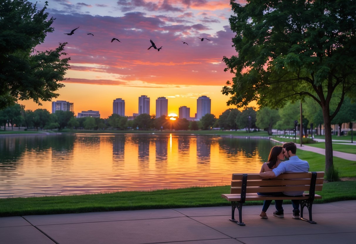 A couple sitting on a bench by a calm lake at sunset in a city park with trees and city buildings in the background.