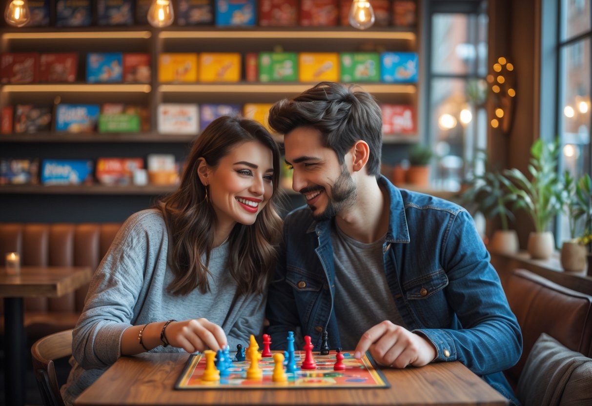 A young couple playing a board game together at a cozy café table, smiling and enjoying their time.