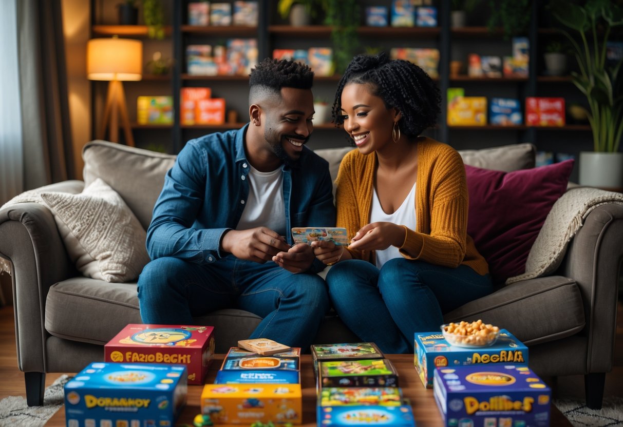 A couple sitting on a sofa surrounded by board games and snacks, selecting games for a game night.