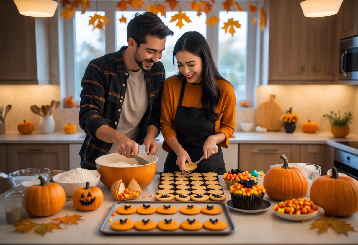A couple cooking Halloween-themed treats together in a cozy kitchen decorated with pumpkins and autumn leaves.