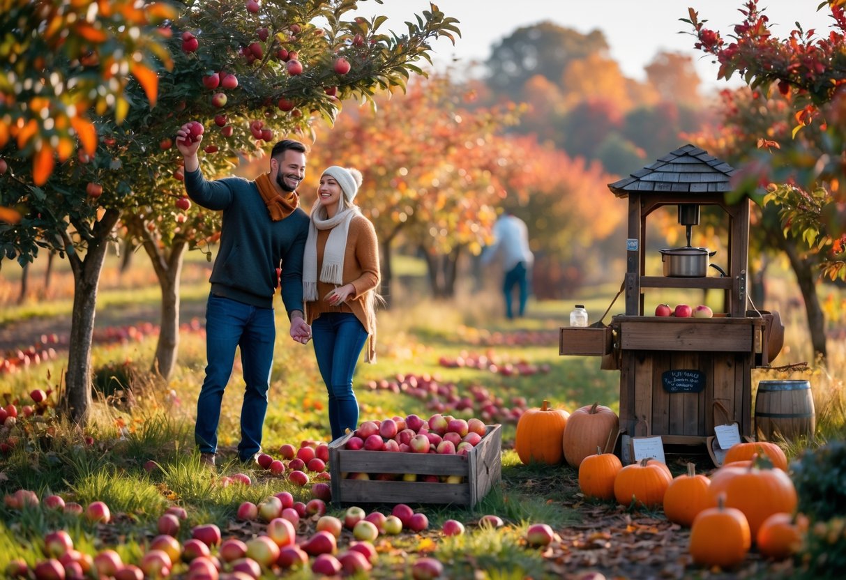 A couple apple picking in an orchard with autumn leaves, a crate of apples, and a cider press nearby.