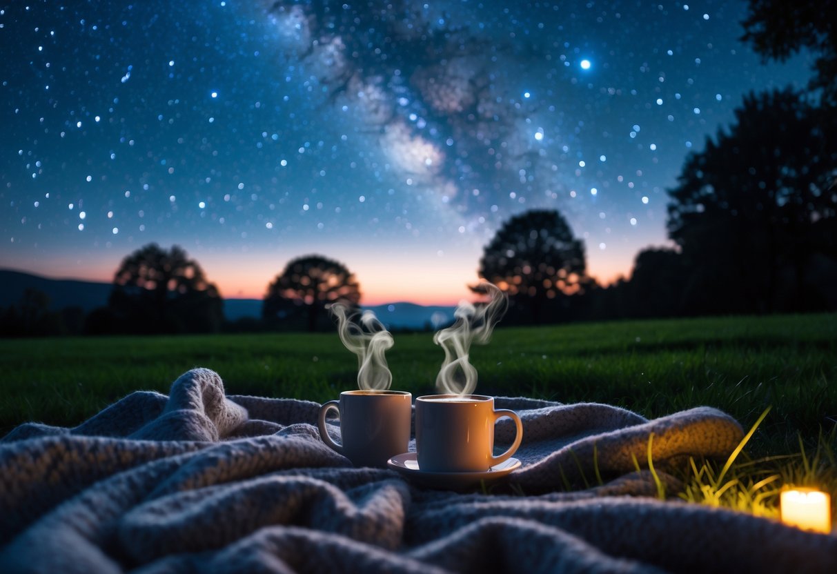 Two people sitting on a blanket outdoors at night, holding hot drinks and looking up at a starry sky.