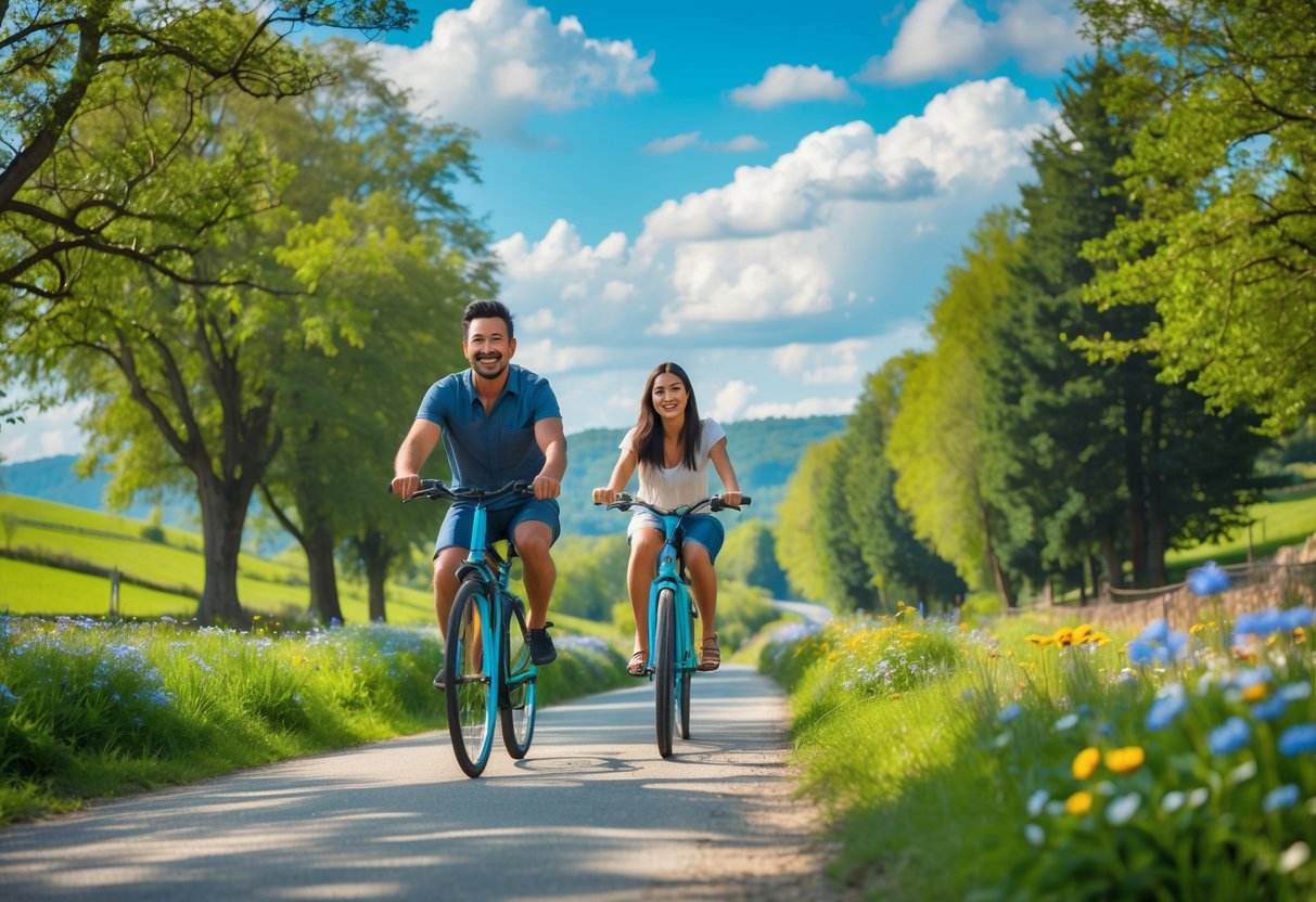 A couple riding bicycles along a tree-lined countryside path with hills and a river in the background on a sunny day.