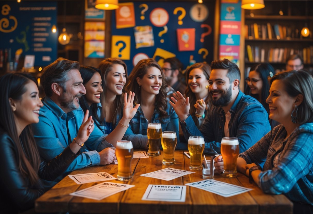 A group of adults sitting around a table in a cozy bar, engaged in a trivia night with drinks and answer sheets.