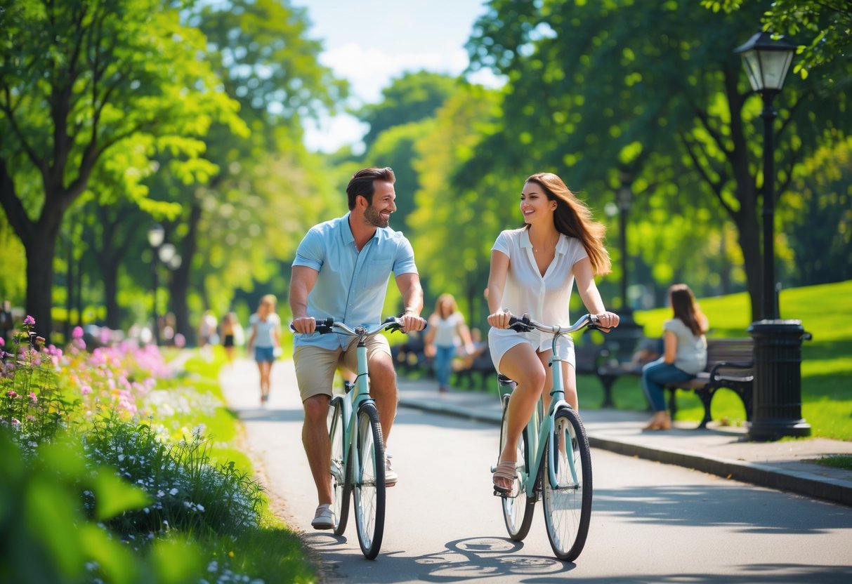 A couple riding bicycles together on a sunny park path surrounded by green trees and flowers.